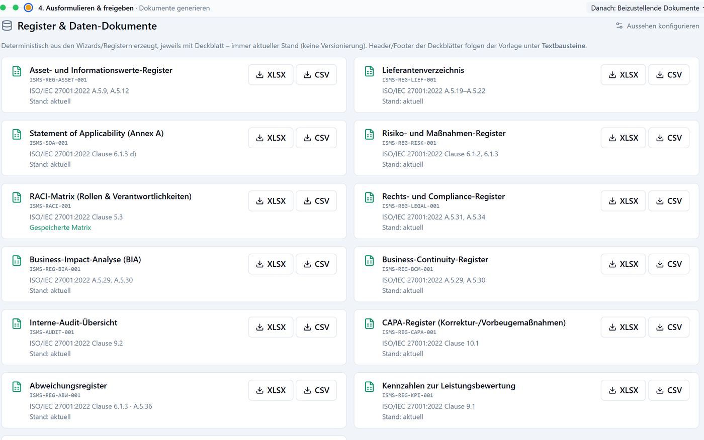 Register-Übersicht mit XLSX- und CSV-Export für jedes Register